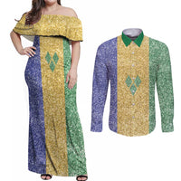 Saint Vincent and the Grenadines Vincy Mas Couples Matching Off Shoulder Maxi Dress and Long Sleeve Button Shirt SVG Glitter Color Style - Wonder Print Shop