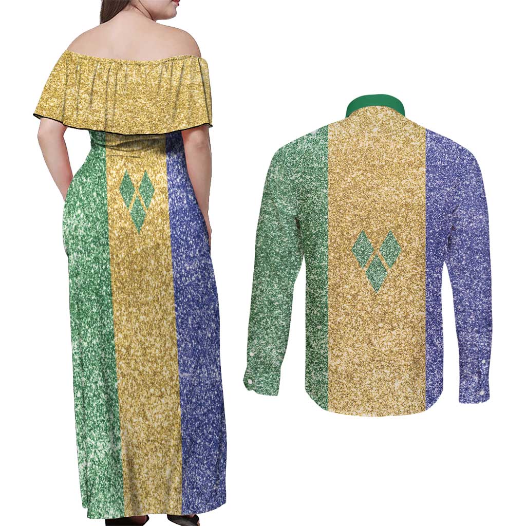 Saint Vincent and the Grenadines Vincy Mas Couples Matching Off Shoulder Maxi Dress and Long Sleeve Button Shirt SVG Glitter Color Style - Wonder Print Shop