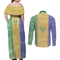 Saint Vincent and the Grenadines Vincy Mas Couples Matching Off Shoulder Maxi Dress and Long Sleeve Button Shirt SVG Glitter Color Style - Wonder Print Shop