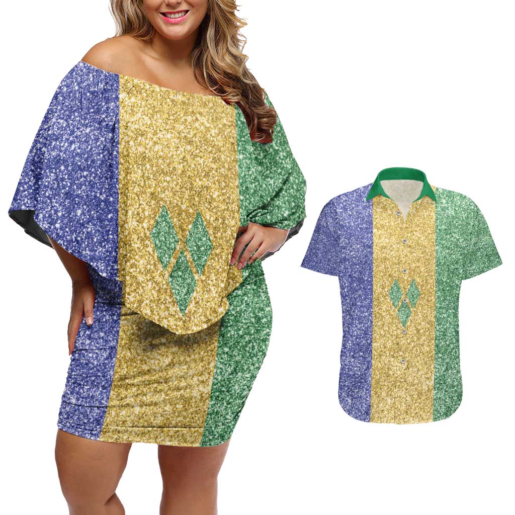 Saint Vincent and the Grenadines Vincy Mas Couples Matching Off Shoulder Short Dress and Hawaiian Shirt SVG Glitter Color Style - Wonder Print Shop
