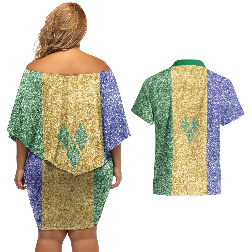 Saint Vincent and the Grenadines Vincy Mas Couples Matching Off Shoulder Short Dress and Hawaiian Shirt SVG Glitter Color Style - Wonder Print Shop