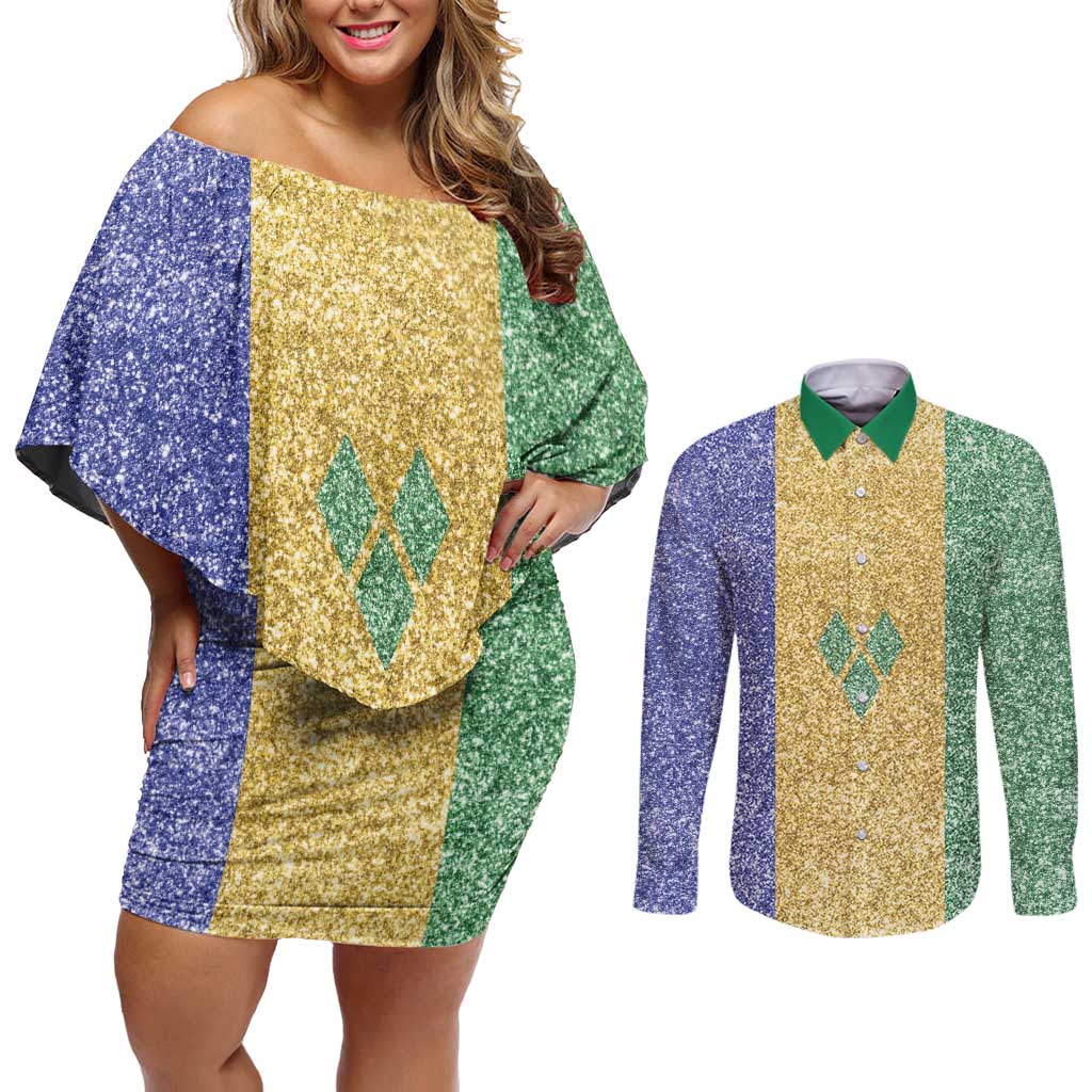 Saint Vincent and the Grenadines Vincy Mas Couples Matching Off Shoulder Short Dress and Long Sleeve Button Shirt SVG Glitter Color Style - Wonder Print Shop