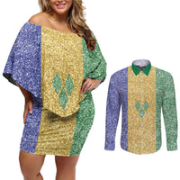 Saint Vincent and the Grenadines Vincy Mas Couples Matching Off Shoulder Short Dress and Long Sleeve Button Shirt SVG Glitter Color Style - Wonder Print Shop