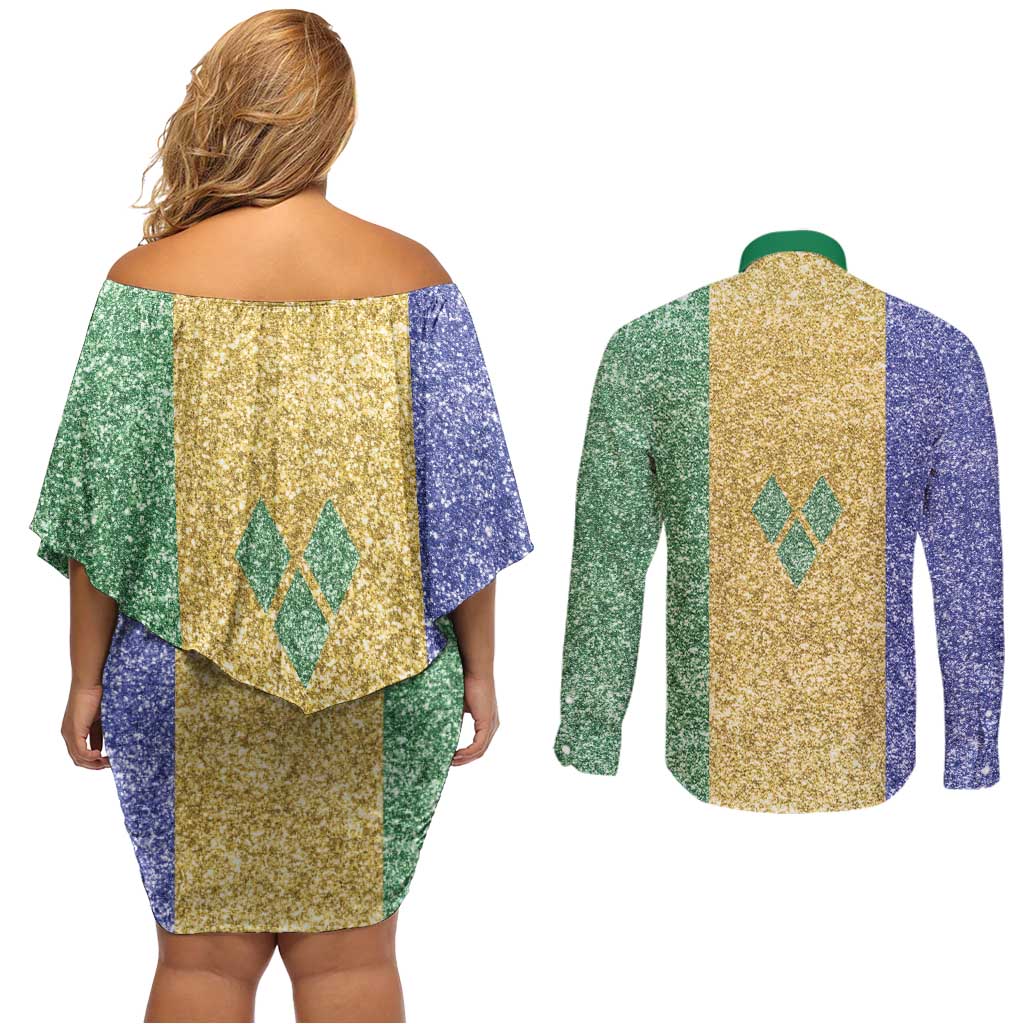 Saint Vincent and the Grenadines Vincy Mas Couples Matching Off Shoulder Short Dress and Long Sleeve Button Shirt SVG Glitter Color Style - Wonder Print Shop