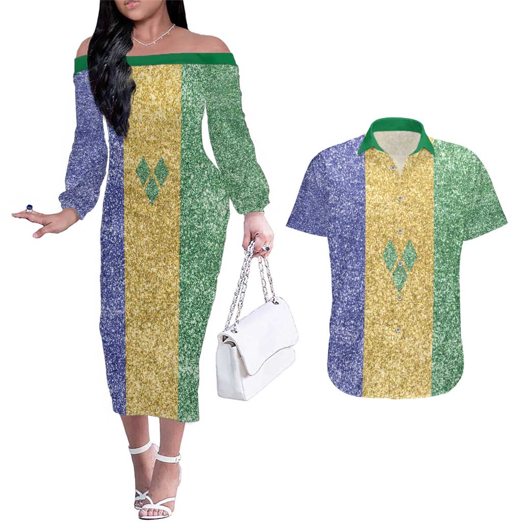 Saint Vincent and the Grenadines Vincy Mas Couples Matching Off The Shoulder Long Sleeve Dress and Hawaiian Shirt SVG Glitter Color Style - Wonder Print Shop