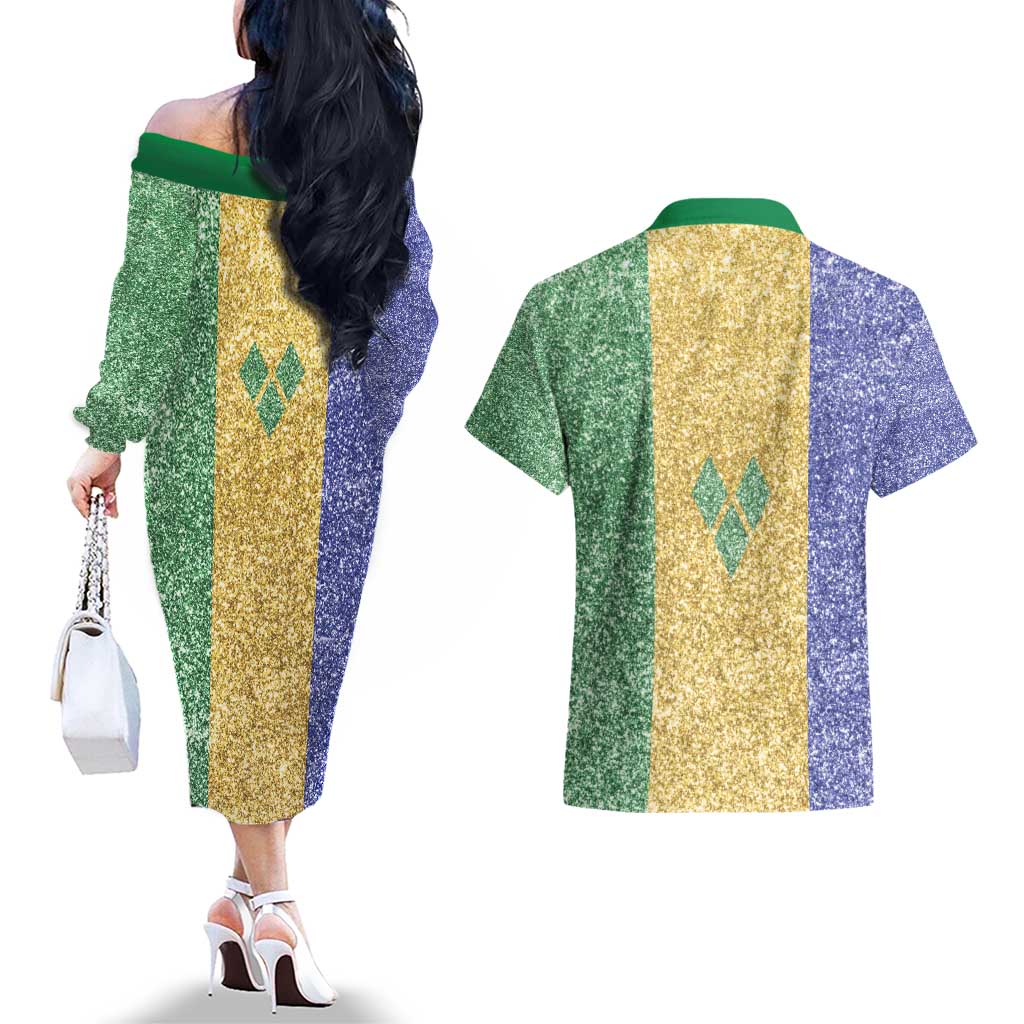 Saint Vincent and the Grenadines Vincy Mas Couples Matching Off The Shoulder Long Sleeve Dress and Hawaiian Shirt SVG Glitter Color Style - Wonder Print Shop