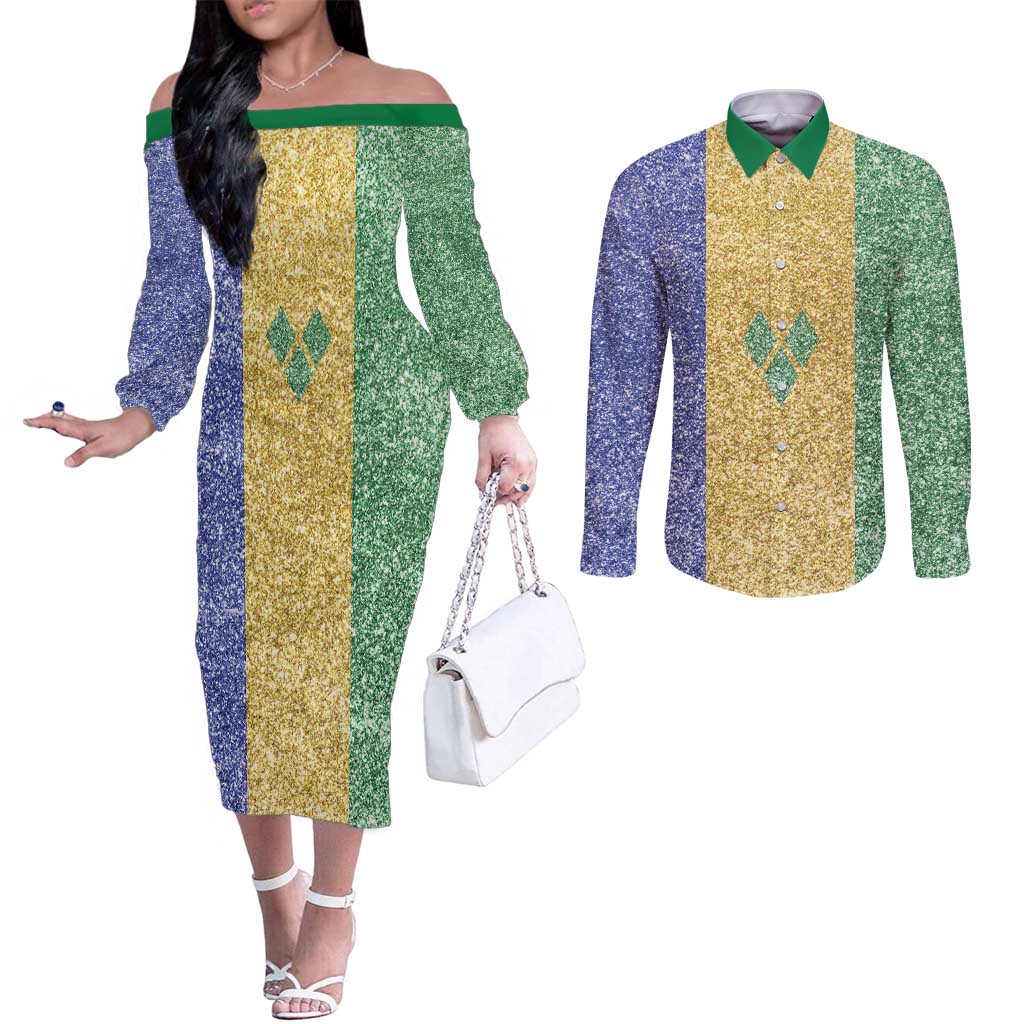 Saint Vincent and the Grenadines Vincy Mas Couples Matching Off The Shoulder Long Sleeve Dress and Long Sleeve Button Shirt SVG Glitter Color Style - Wonder Print Shop