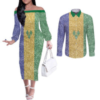 Saint Vincent and the Grenadines Vincy Mas Couples Matching Off The Shoulder Long Sleeve Dress and Long Sleeve Button Shirt SVG Glitter Color Style - Wonder Print Shop