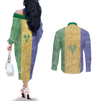 Saint Vincent and the Grenadines Vincy Mas Couples Matching Off The Shoulder Long Sleeve Dress and Long Sleeve Button Shirt SVG Glitter Color Style - Wonder Print Shop