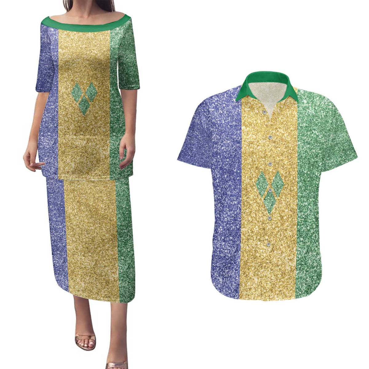 Saint Vincent and the Grenadines Vincy Mas Couples Matching Puletasi and Hawaiian Shirt SVG Glitter Color Style - Wonder Print Shop