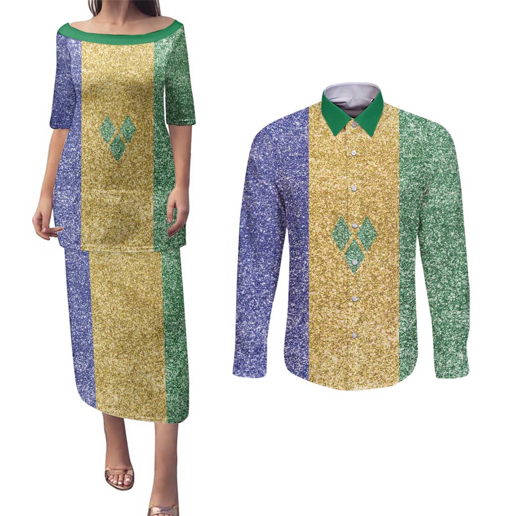 Saint Vincent and the Grenadines Vincy Mas Couples Matching Puletasi and Long Sleeve Button Shirt SVG Glitter Color Style - Wonder Print Shop