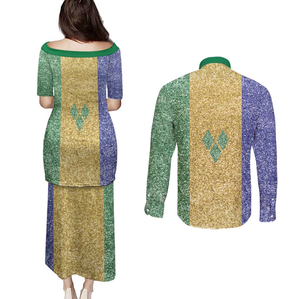 Saint Vincent and the Grenadines Vincy Mas Couples Matching Puletasi and Long Sleeve Button Shirt SVG Glitter Color Style - Wonder Print Shop