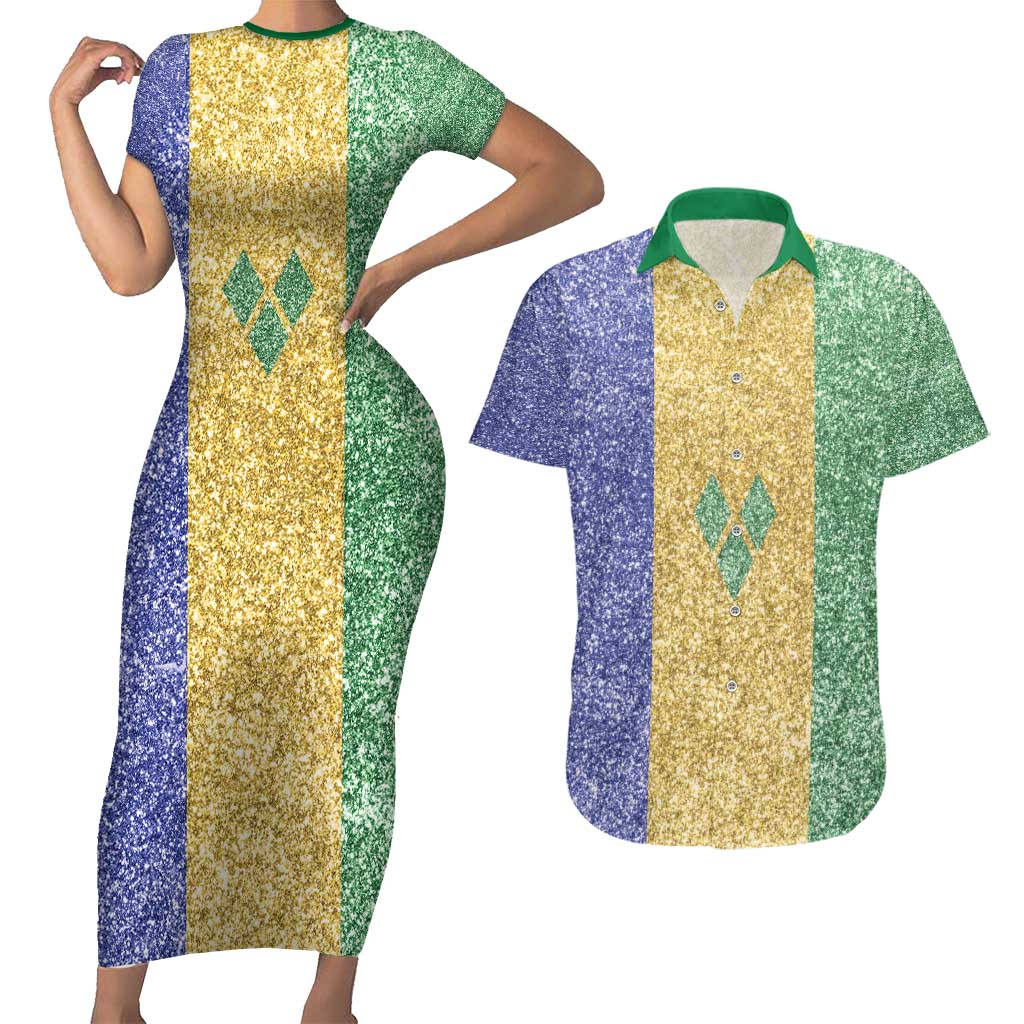 Saint Vincent and the Grenadines Vincy Mas Couples Matching Short Sleeve Bodycon Dress and Hawaiian Shirt SVG Glitter Color Style - Wonder Print Shop