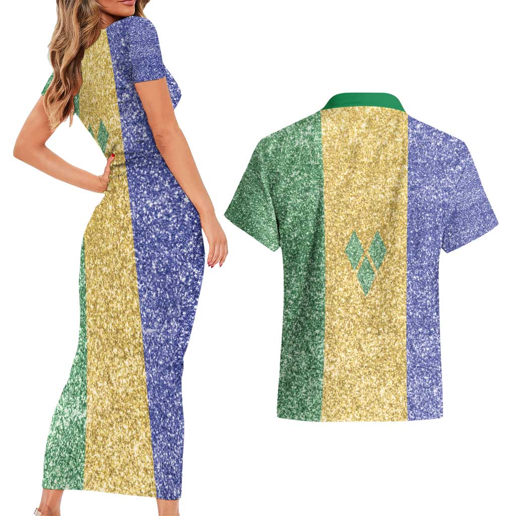 Saint Vincent and the Grenadines Vincy Mas Couples Matching Short Sleeve Bodycon Dress and Hawaiian Shirt SVG Glitter Color Style - Wonder Print Shop