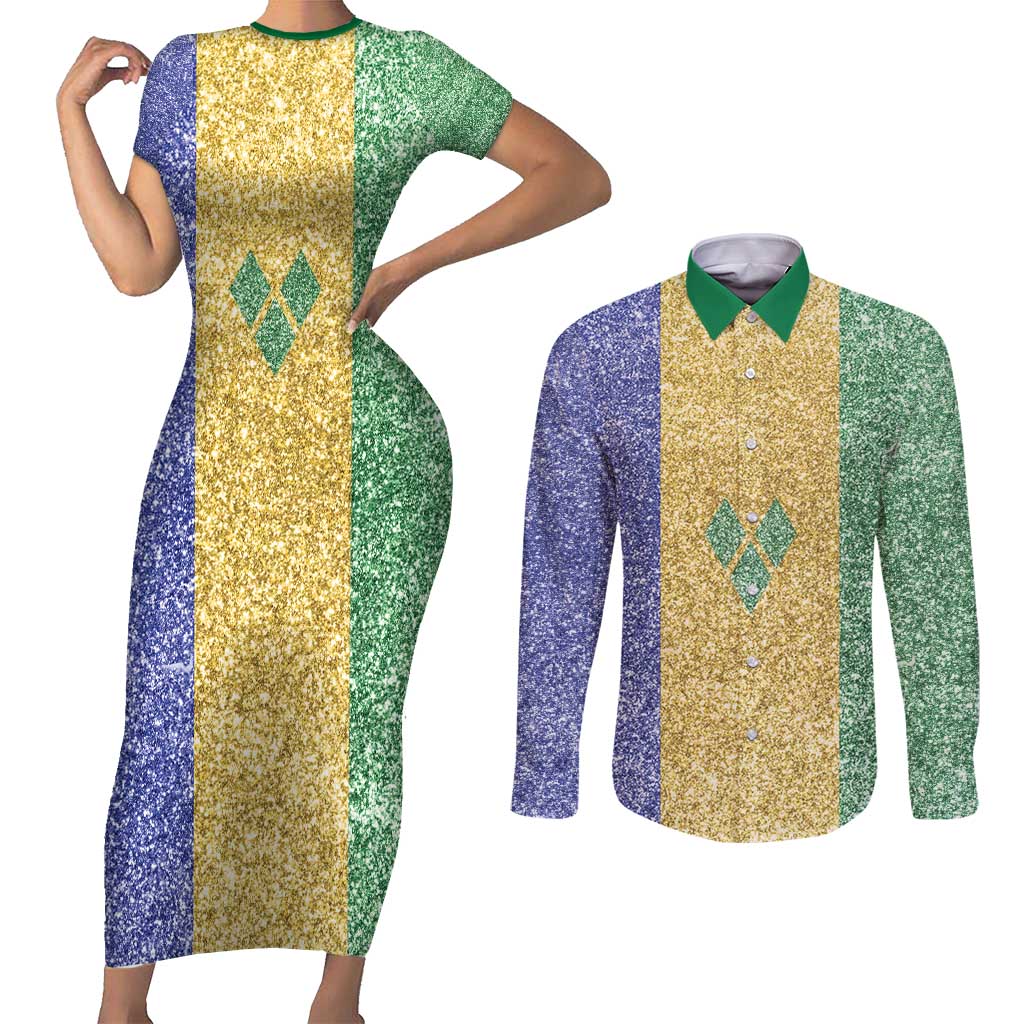 Saint Vincent and the Grenadines Vincy Mas Couples Matching Short Sleeve Bodycon Dress and Long Sleeve Button Shirt SVG Glitter Color Style - Wonder Print Shop