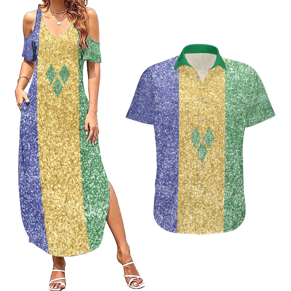 Saint Vincent and the Grenadines Vincy Mas Couples Matching Summer Maxi Dress and Hawaiian Shirt SVG Glitter Color Style - Wonder Print Shop