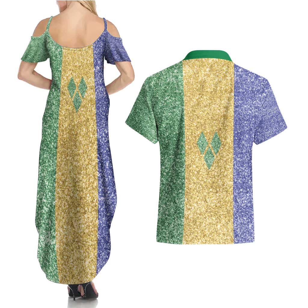 Saint Vincent and the Grenadines Vincy Mas Couples Matching Summer Maxi Dress and Hawaiian Shirt SVG Glitter Color Style - Wonder Print Shop