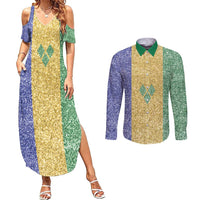 Saint Vincent and the Grenadines Vincy Mas Couples Matching Summer Maxi Dress and Long Sleeve Button Shirt SVG Glitter Color Style - Wonder Print Shop