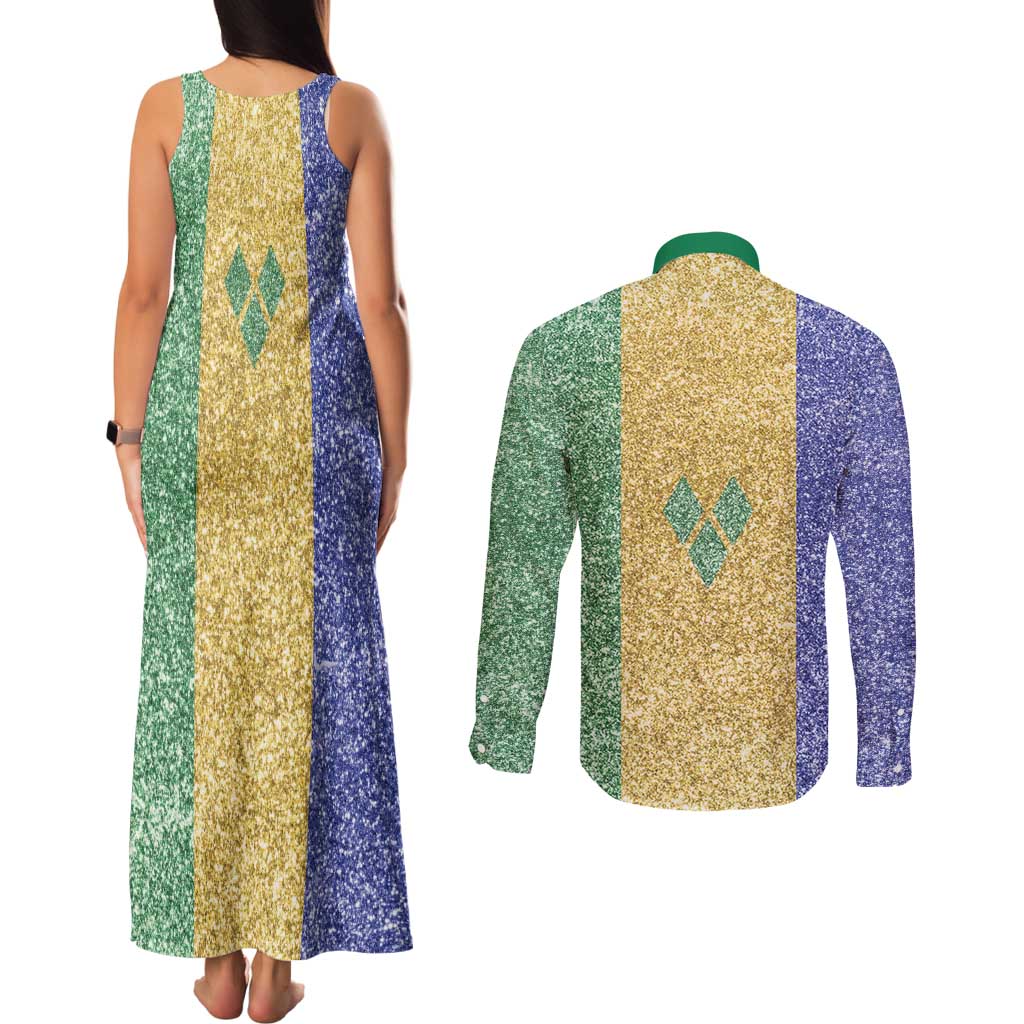 Saint Vincent and the Grenadines Vincy Mas Couples Matching Tank Maxi Dress and Long Sleeve Button Shirt SVG Glitter Color Style - Wonder Print Shop