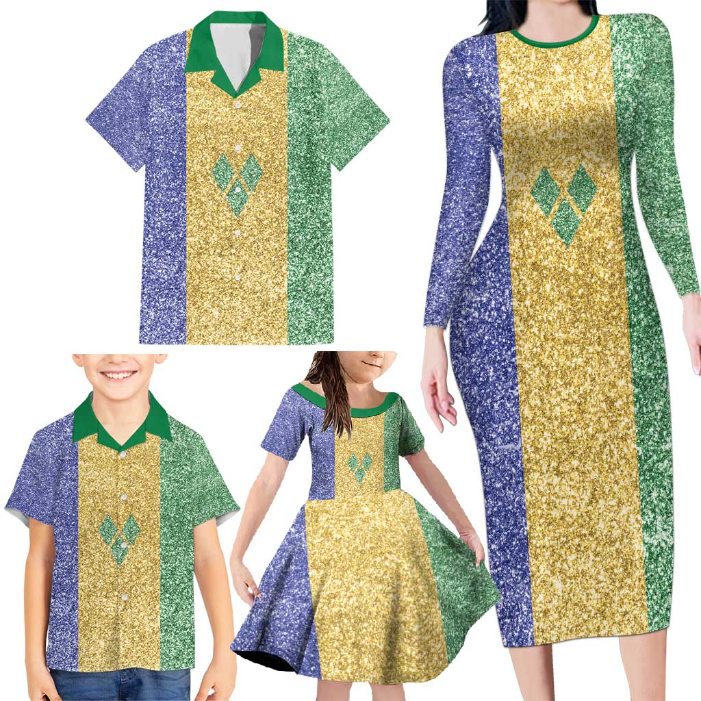 Saint Vincent and the Grenadines Vincy Mas Family Matching Long Sleeve Bodycon Dress and Hawaiian Shirt SVG Glitter Color Style - Wonder Print Shop