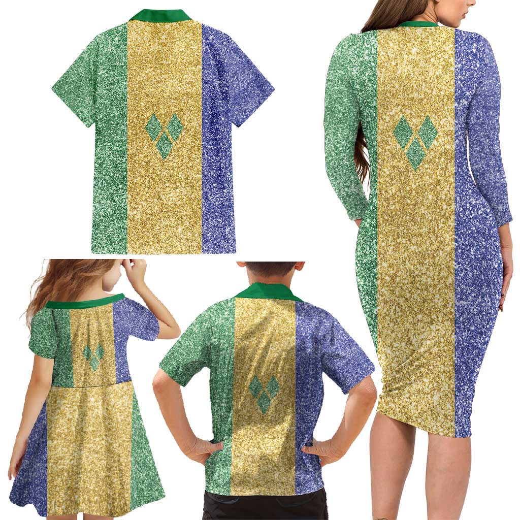 Saint Vincent and the Grenadines Vincy Mas Family Matching Long Sleeve Bodycon Dress and Hawaiian Shirt SVG Glitter Color Style - Wonder Print Shop