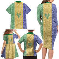 Saint Vincent and the Grenadines Vincy Mas Family Matching Long Sleeve Bodycon Dress and Hawaiian Shirt SVG Glitter Color Style - Wonder Print Shop
