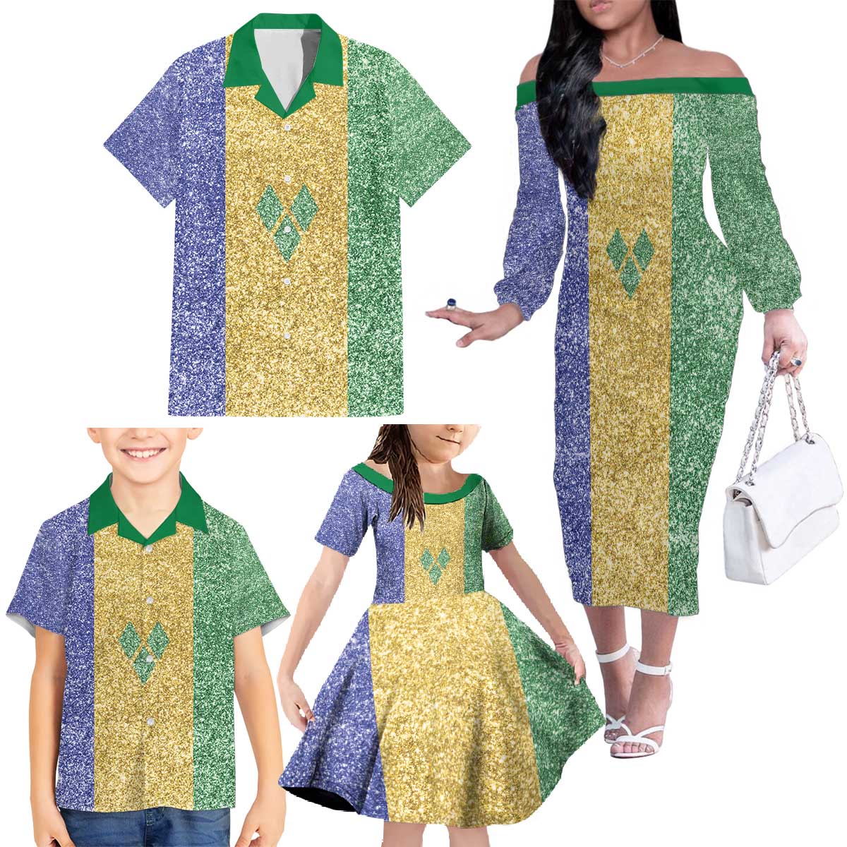 Saint Vincent and the Grenadines Vincy Mas Family Matching Off The Shoulder Long Sleeve Dress and Hawaiian Shirt SVG Glitter Color Style - Wonder Print Shop