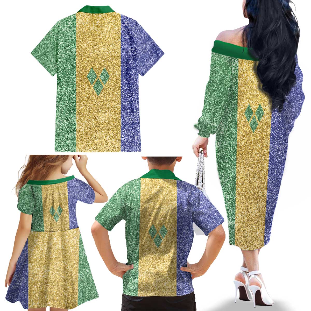Saint Vincent and the Grenadines Vincy Mas Family Matching Off The Shoulder Long Sleeve Dress and Hawaiian Shirt SVG Glitter Color Style - Wonder Print Shop