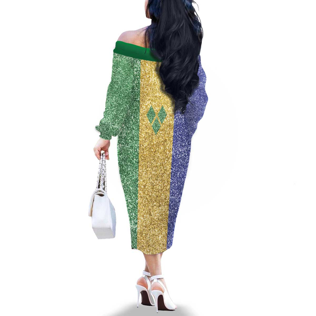 Saint Vincent and the Grenadines Vincy Mas Family Matching Off The Shoulder Long Sleeve Dress and Hawaiian Shirt SVG Glitter Color Style - Wonder Print Shop