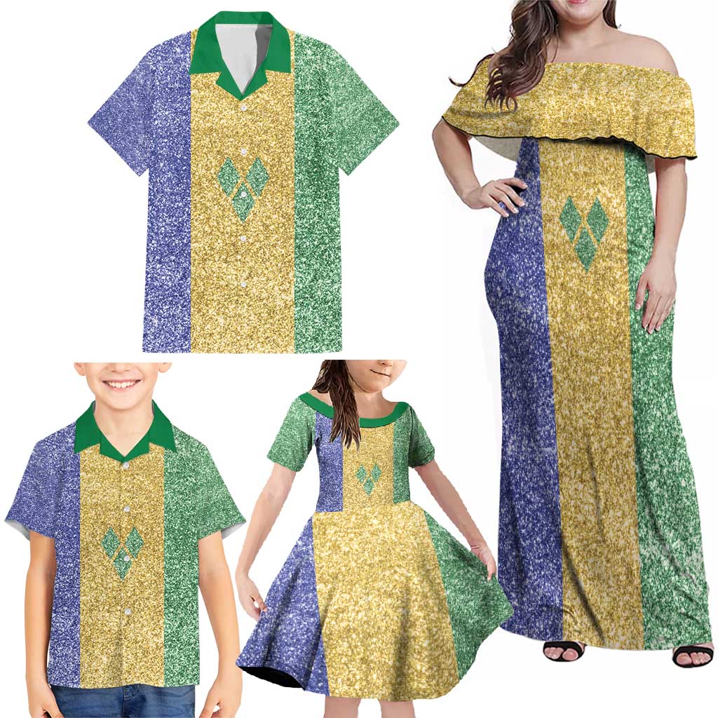 Saint Vincent and the Grenadines Vincy Mas Family Matching Off Shoulder Maxi Dress and Hawaiian Shirt SVG Glitter Color Style - Wonder Print Shop