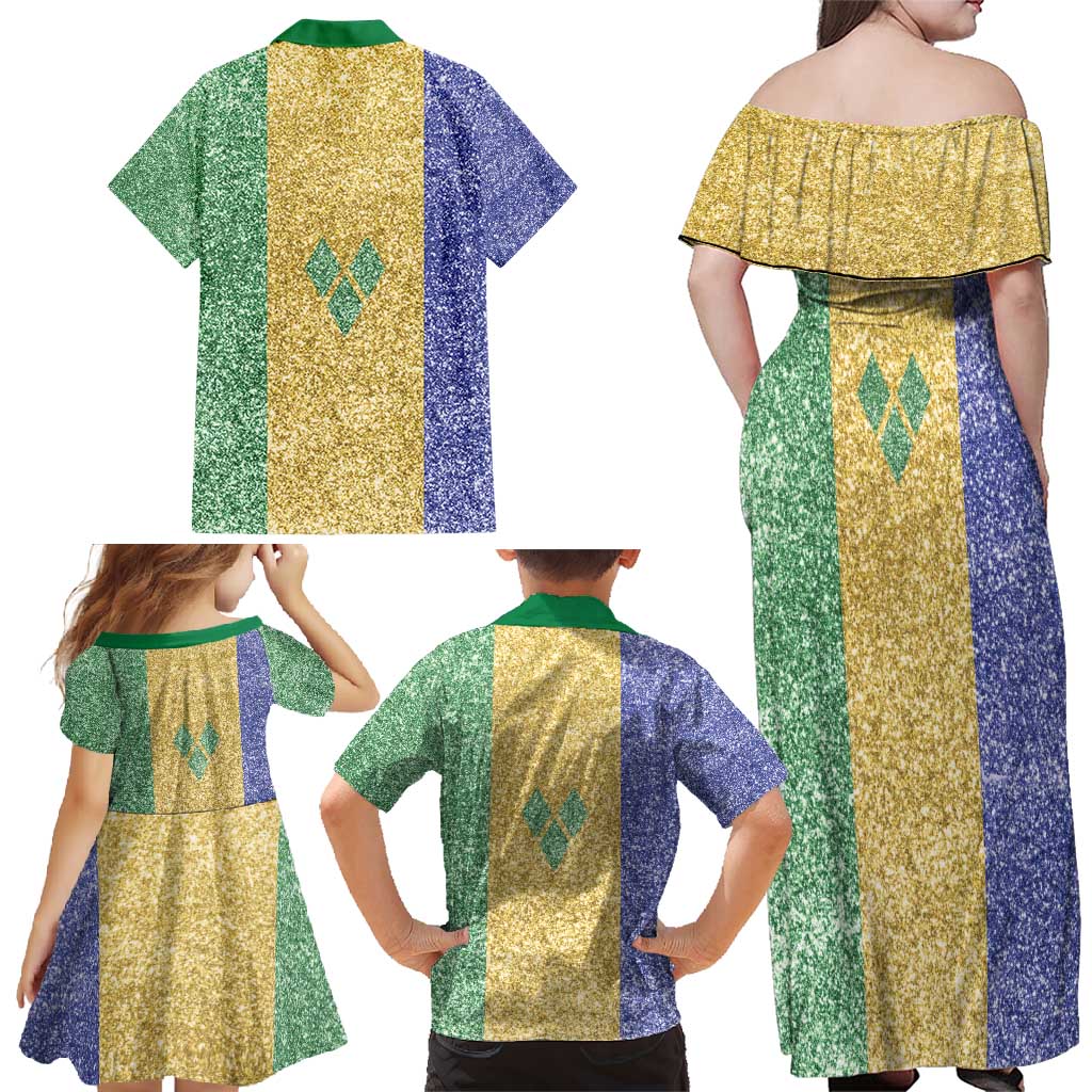 Saint Vincent and the Grenadines Vincy Mas Family Matching Off Shoulder Maxi Dress and Hawaiian Shirt SVG Glitter Color Style - Wonder Print Shop