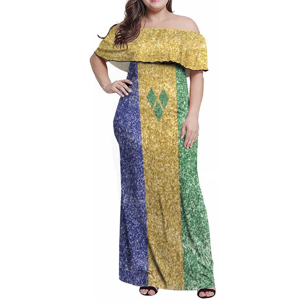 Saint Vincent and the Grenadines Vincy Mas Family Matching Off Shoulder Maxi Dress and Hawaiian Shirt SVG Glitter Color Style - Wonder Print Shop