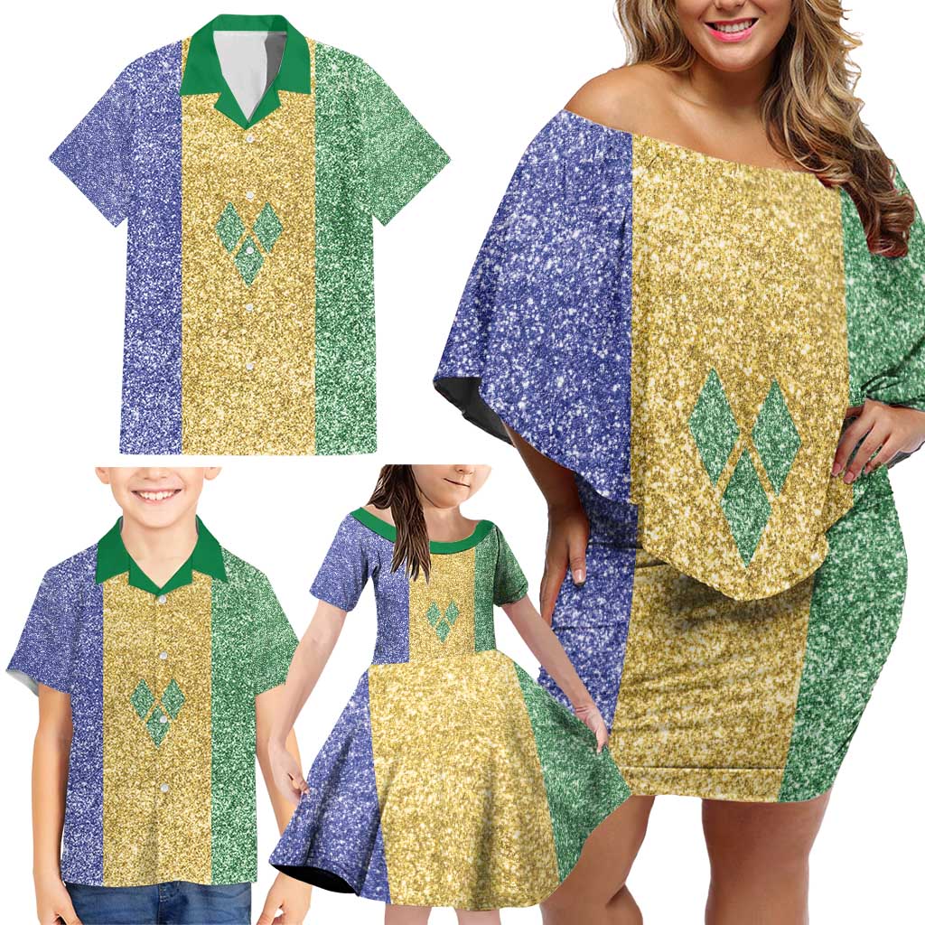 Saint Vincent and the Grenadines Vincy Mas Family Matching Off Shoulder Short Dress and Hawaiian Shirt SVG Glitter Color Style - Wonder Print Shop