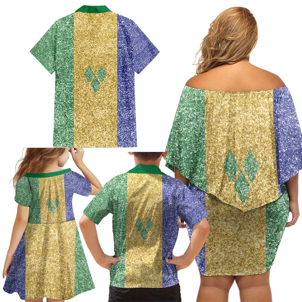 Saint Vincent and the Grenadines Vincy Mas Family Matching Off Shoulder Short Dress and Hawaiian Shirt SVG Glitter Color Style - Wonder Print Shop