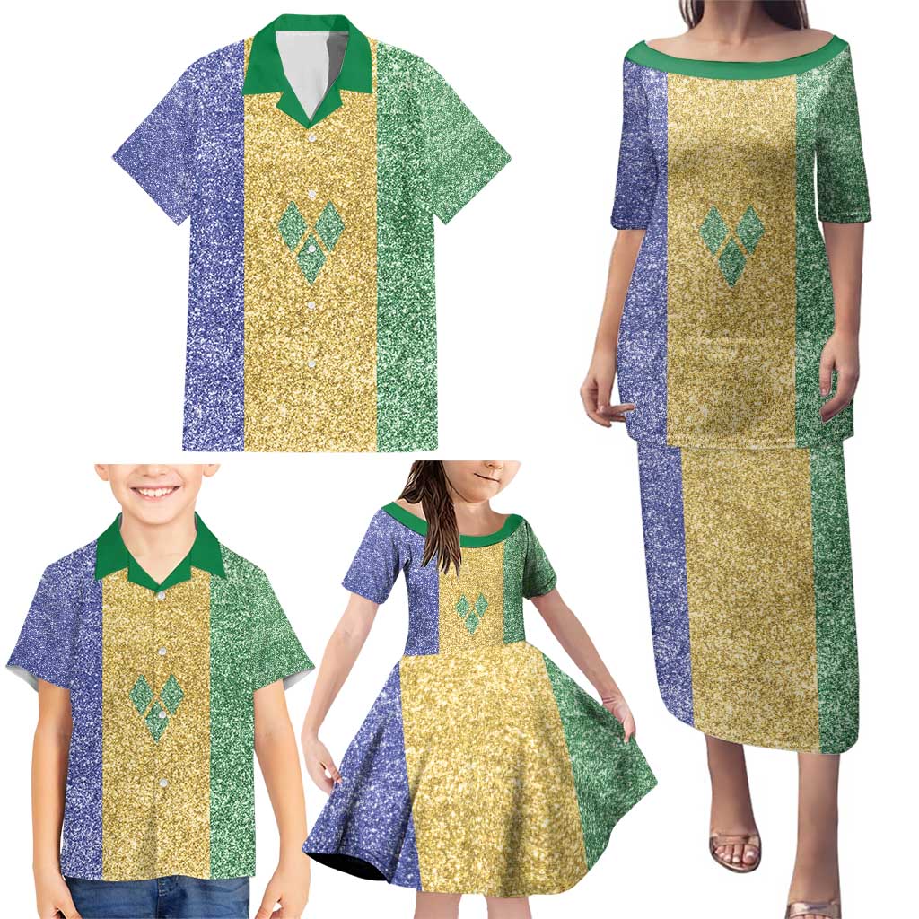 Saint Vincent and the Grenadines Vincy Mas Family Matching Puletasi and Hawaiian Shirt SVG Glitter Color Style - Wonder Print Shop