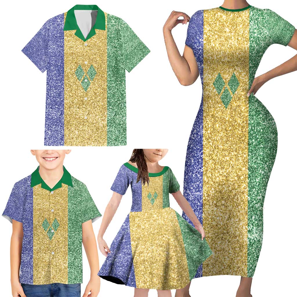 Saint Vincent and the Grenadines Vincy Mas Family Matching Short Sleeve Bodycon Dress and Hawaiian Shirt SVG Glitter Color Style - Wonder Print Shop