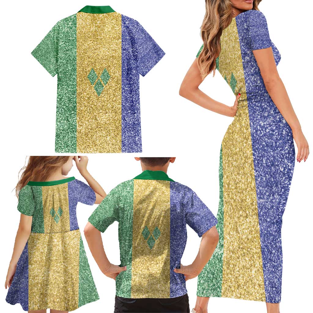 Saint Vincent and the Grenadines Vincy Mas Family Matching Short Sleeve Bodycon Dress and Hawaiian Shirt SVG Glitter Color Style - Wonder Print Shop