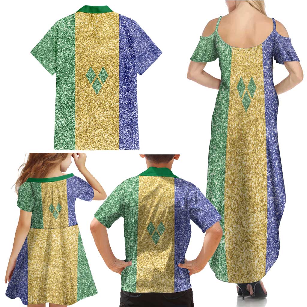 Saint Vincent and the Grenadines Vincy Mas Family Matching Summer Maxi Dress and Hawaiian Shirt SVG Glitter Color Style - Wonder Print Shop