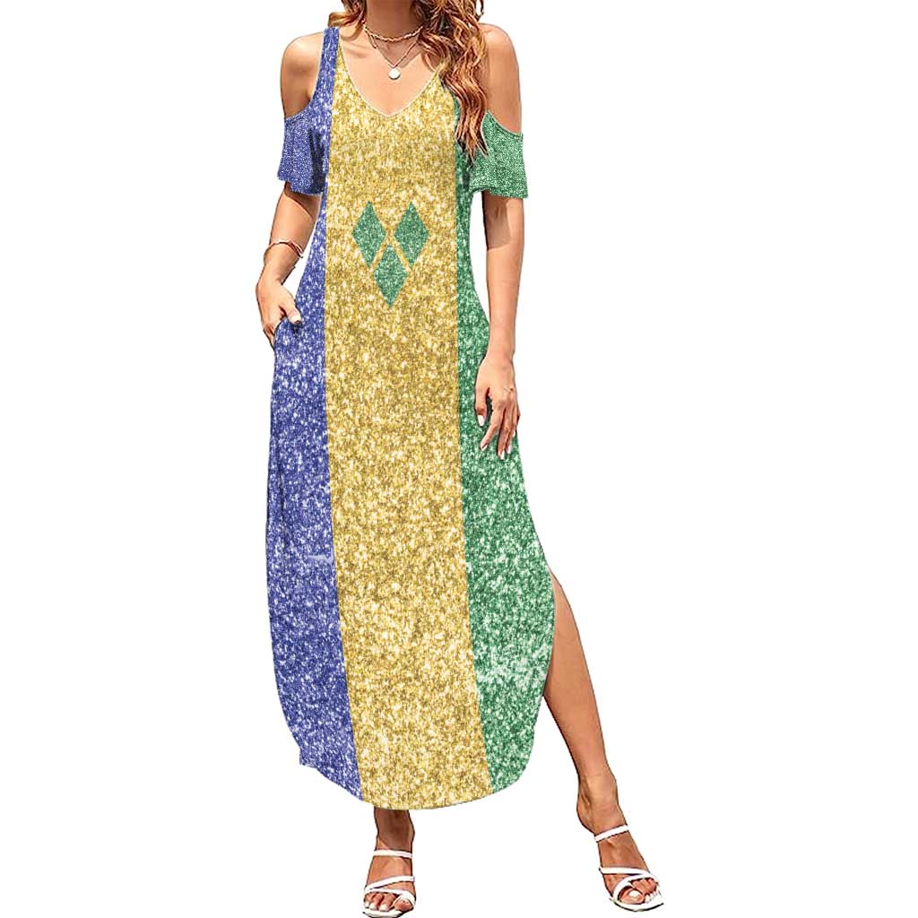 Saint Vincent and the Grenadines Vincy Mas Family Matching Summer Maxi Dress and Hawaiian Shirt SVG Glitter Color Style - Wonder Print Shop