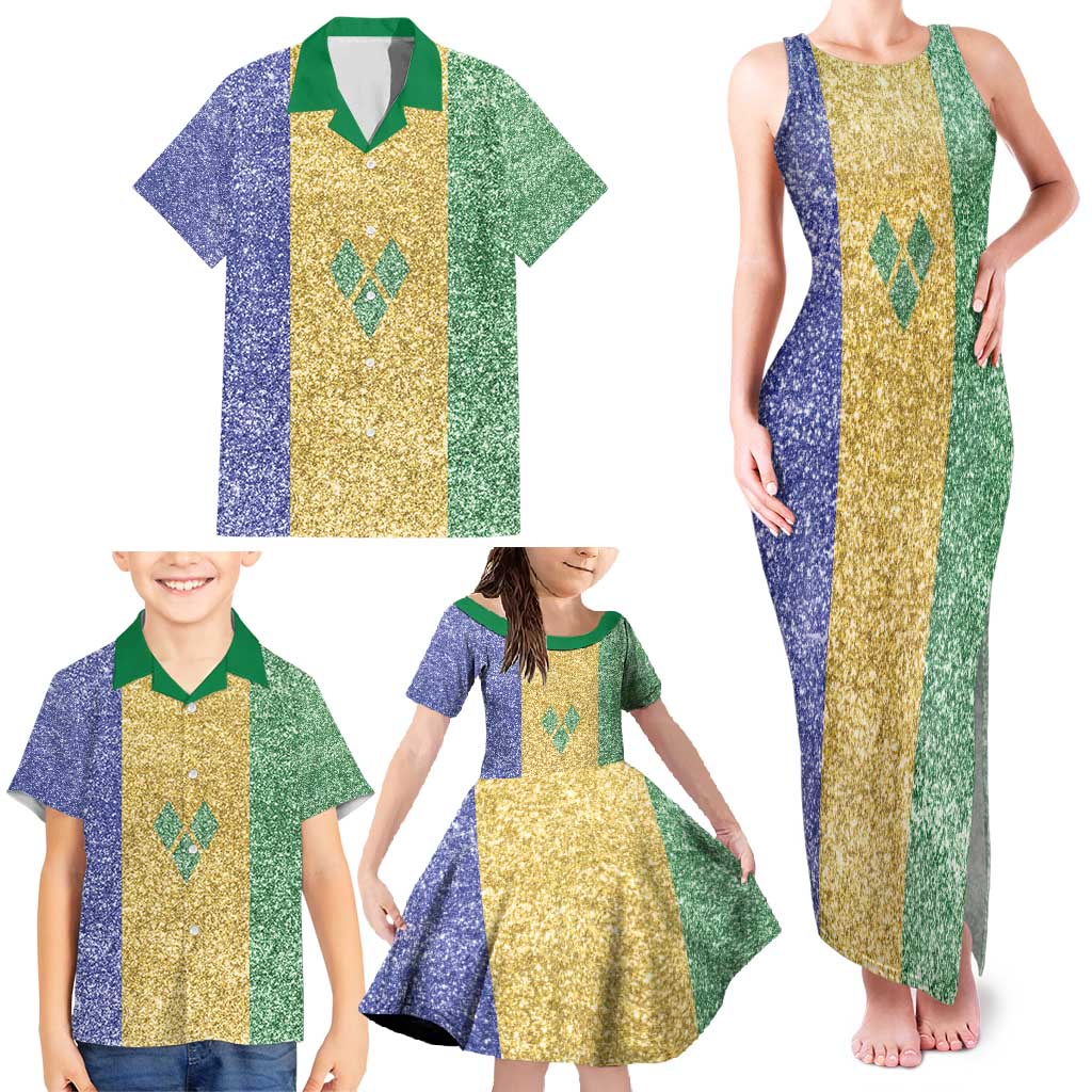 Saint Vincent and the Grenadines Vincy Mas Family Matching Tank Maxi Dress and Hawaiian Shirt SVG Glitter Color Style - Wonder Print Shop