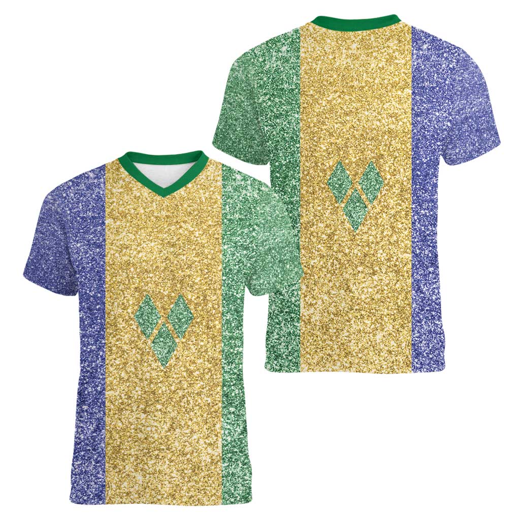 Saint Vincent and the Grenadines Vincy Mas Women V-Neck T-Shirt SVG Glitter Color Style - Wonder Print Shop