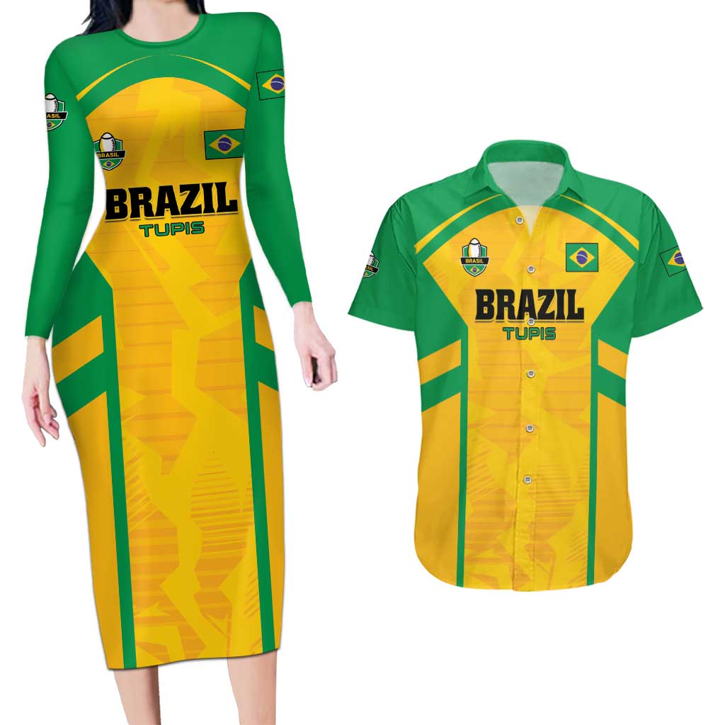 Custom Rugby Brazil Couples Matching Long Sleeve Bodycon Dress and Hawaiian Shirt Tupis Go Champions - Wonder Print Shop