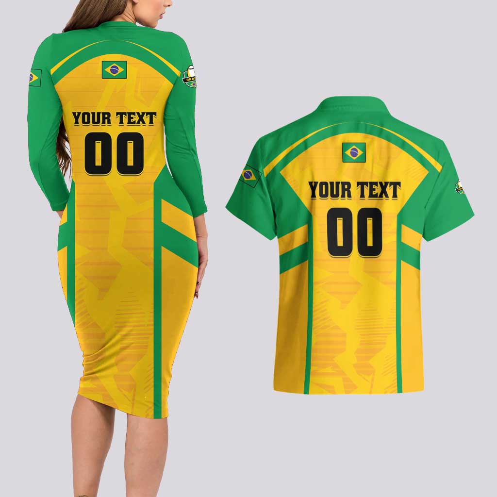 Custom Rugby Brazil Couples Matching Long Sleeve Bodycon Dress and Hawaiian Shirt Tupis Go Champions - Wonder Print Shop