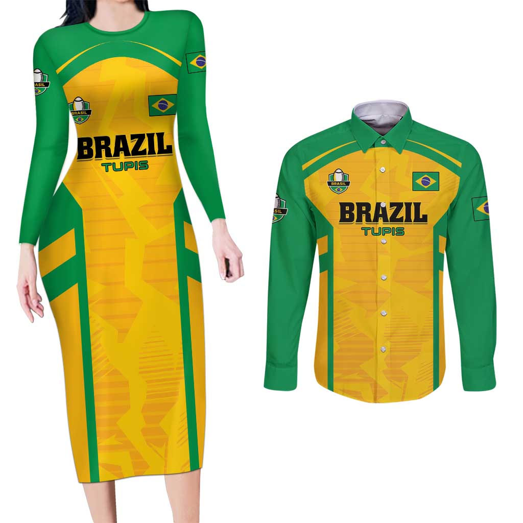 Custom Rugby Brazil Couples Matching Long Sleeve Bodycon Dress and Long Sleeve Button Shirt Tupis Go Champions - Wonder Print Shop