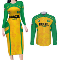Custom Rugby Brazil Couples Matching Long Sleeve Bodycon Dress and Long Sleeve Button Shirt Tupis Go Champions - Wonder Print Shop