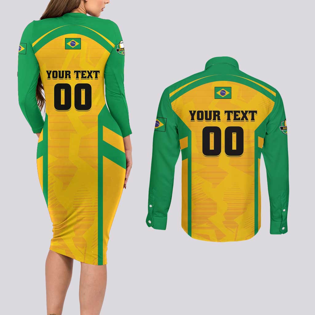 Custom Rugby Brazil Couples Matching Long Sleeve Bodycon Dress and Long Sleeve Button Shirt Tupis Go Champions - Wonder Print Shop