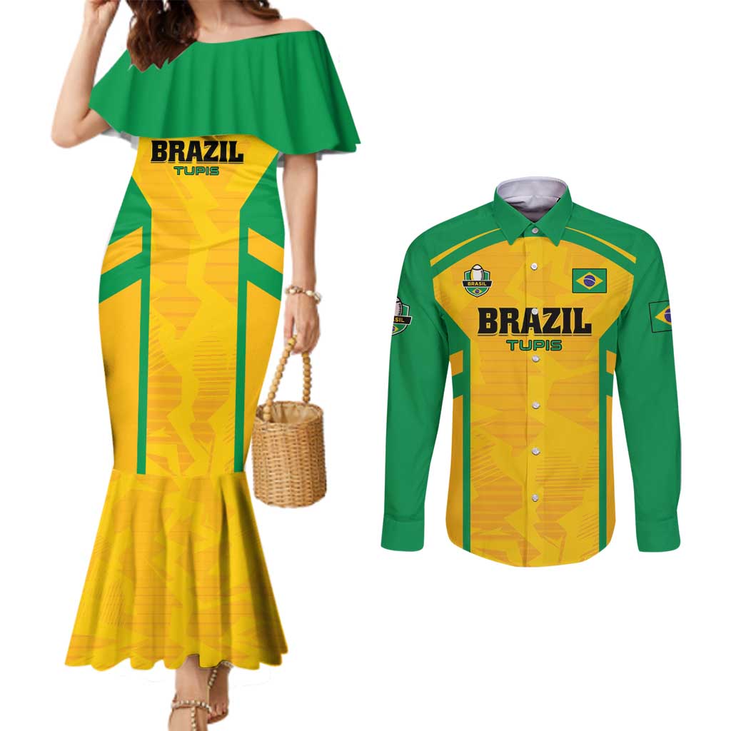 Custom Rugby Brazil Couples Matching Mermaid Dress and Long Sleeve Button Shirt Tupis Go Champions - Wonder Print Shop