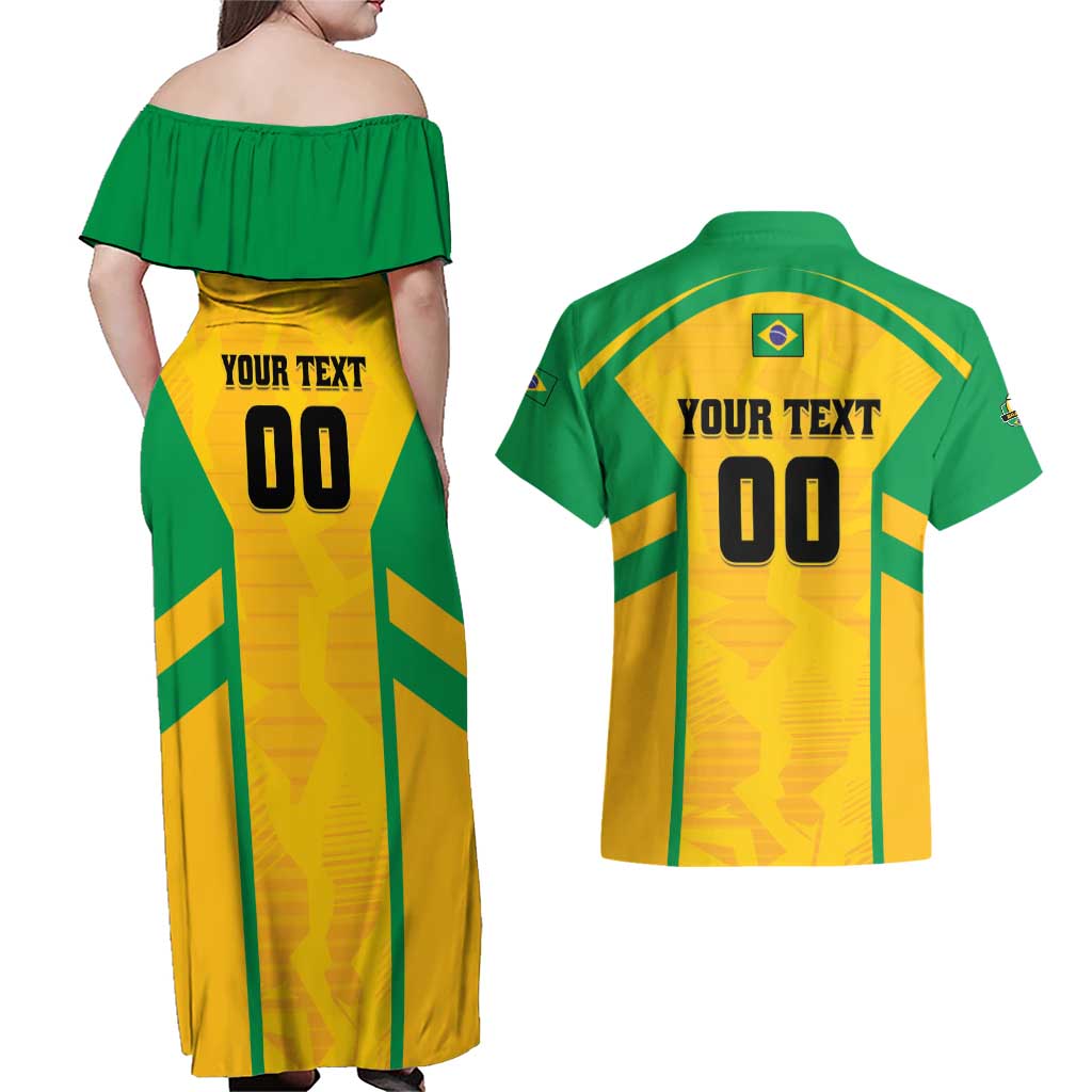 Custom Rugby Brazil Couples Matching Off Shoulder Maxi Dress and Hawaiian Shirt Tupis Go Champions - Wonder Print Shop