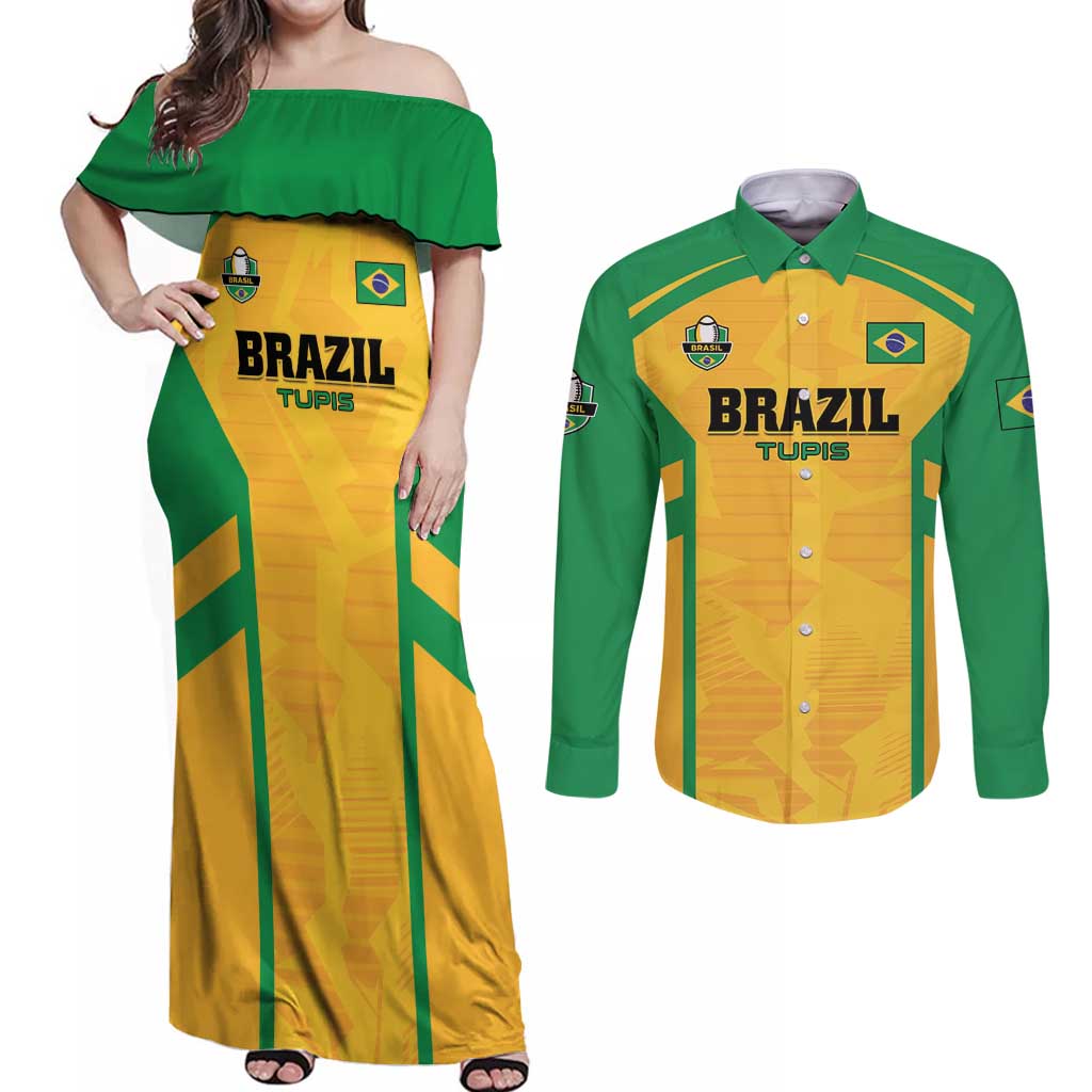 Custom Rugby Brazil Couples Matching Off Shoulder Maxi Dress and Long Sleeve Button Shirt Tupis Go Champions - Wonder Print Shop