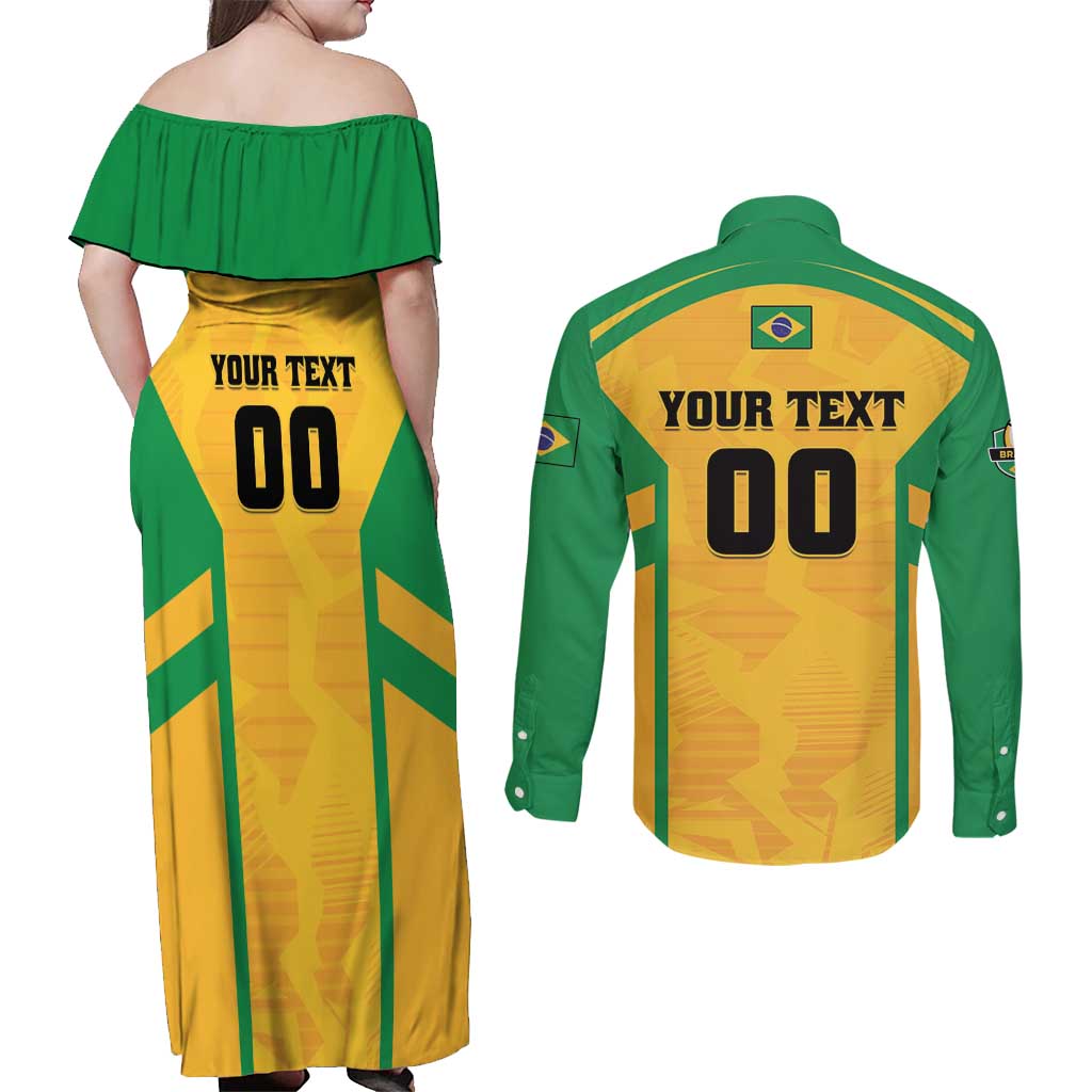 Custom Rugby Brazil Couples Matching Off Shoulder Maxi Dress and Long Sleeve Button Shirt Tupis Go Champions - Wonder Print Shop